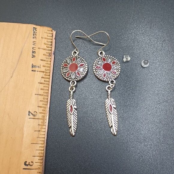 SILVER Boho flower with feather drop earrings ethnic - Picture 3 of 4